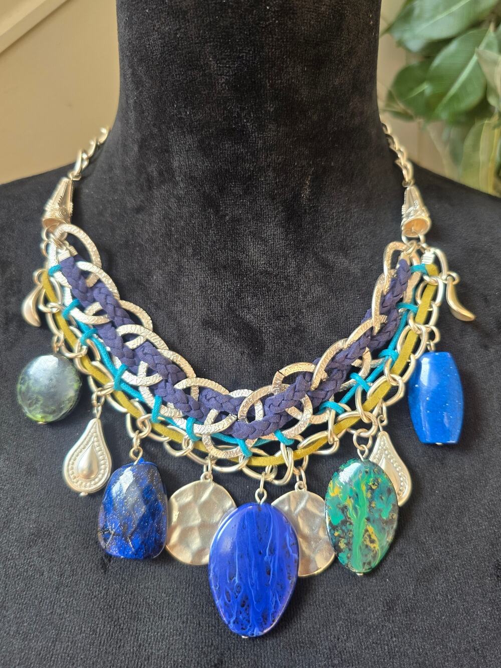 Boho Blue Green Chunky Stone Charm Statement Necklace and Bracelet Set Gold Tone